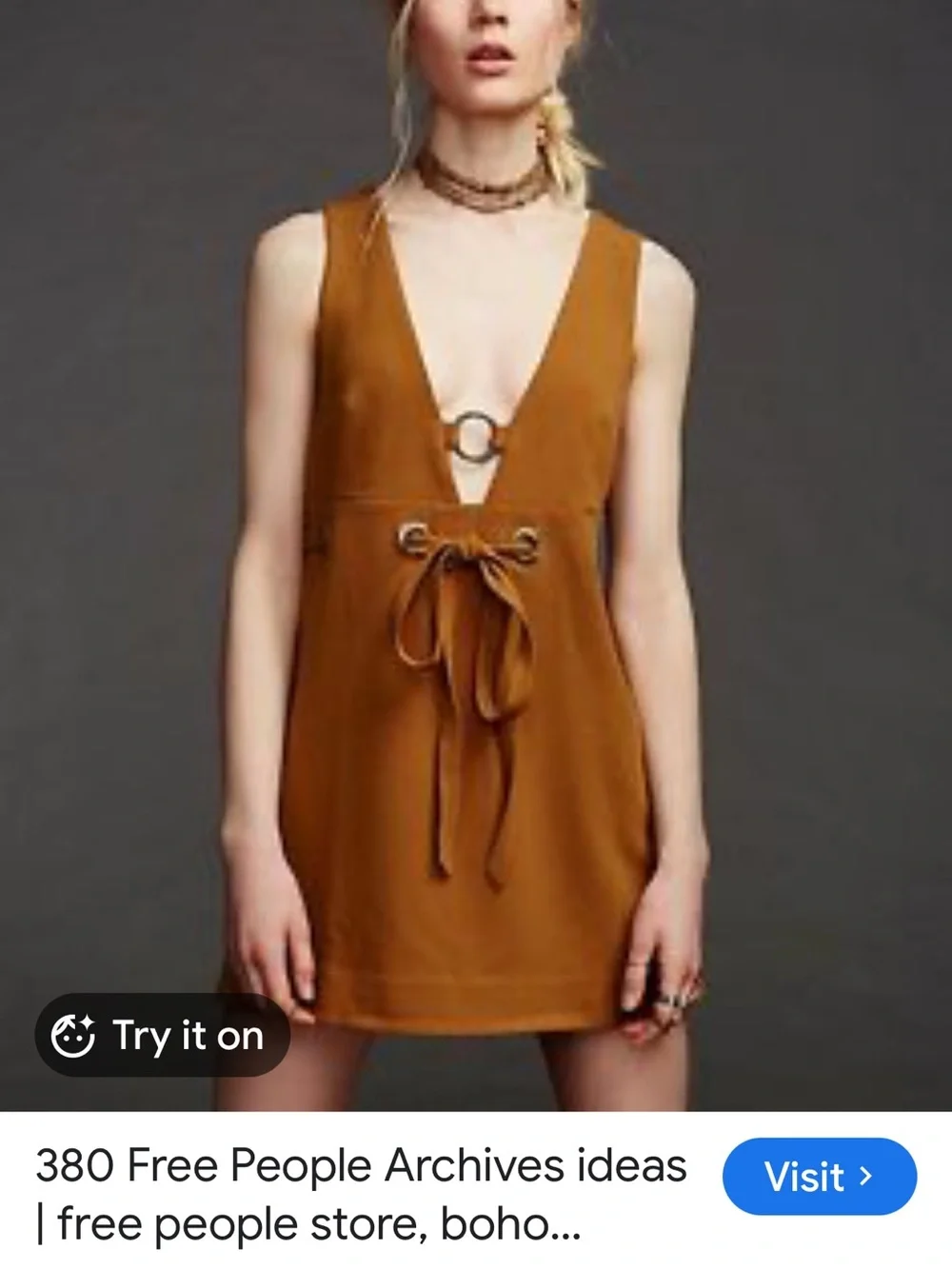 FREE PEOPLE Mustard-Brown Suede Feel Deep-V Dress w Grommets & Tie Waist, S